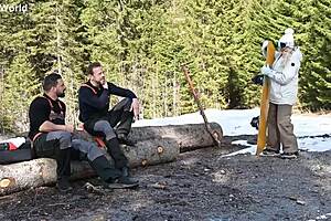 Sexy snowboarder Brittany Bardot tempts lumberjacks for wild outdoor DP threesome