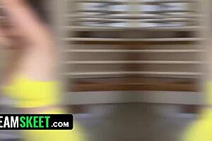 Busty 18+ nerd babe's huge natural tits grow overnight in horny cowgirl ride