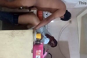 Intense kitchen fuck almost catches husband!