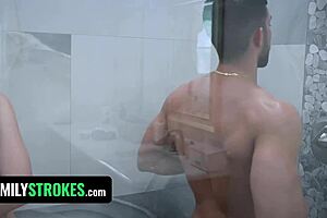 shocked dude walks in on wild shower banging with choking and toys 😱💦