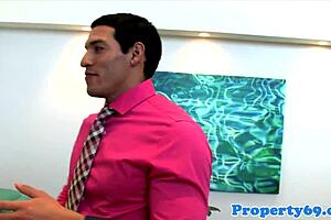 Realtor babe bent over couch for deep client drill