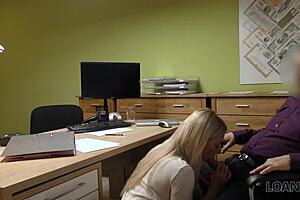 Hey, this blonde Czech babe strips in the loan office for quick cash sex!