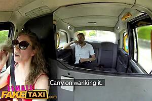 sexy cabbie in red dress seduces passenger for backseat orgasm fuck