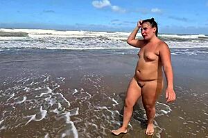 Chubby BBW Brunette Does Beach Cum Walk After Sucking Jerking Off Monster Cock in Public Close-Up