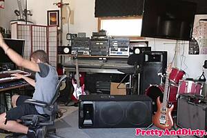 busty babe drops to knees for blowjob then rides cock spooning style