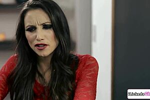 Brunette babe seductively licks blonde friend's big tits and shaved pussy