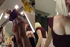 Sneaky upskirt teases big tits and pussy in fitting room