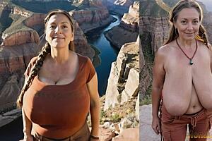 Huge saggy tits milf hikes nude outdoors!