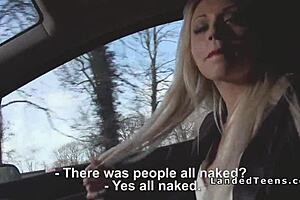 blonde babe with red lips slurps cock hungrily in the car 🚗💦