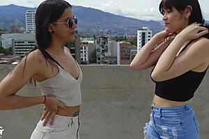 watch these sluts get pounded on the rooftop by the construction hunk