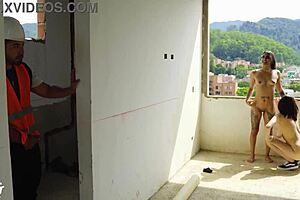 watch these sluts get pounded on the rooftop by the construction hunk