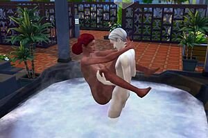 Redhead dives into rough public jacuzzi sex