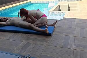 redhead babe rides big cock bareback by pool doggystyle cute slut 🌊💦