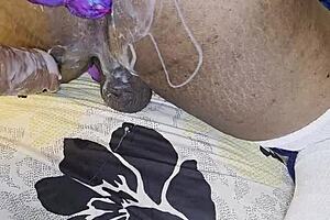Ebony wife fucks husband's ass with huge dildo hard