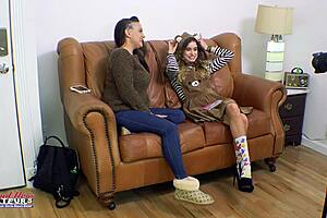 Tiny inked brunette pamela morrison teases with handjob before hard pounding