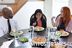 how does curvy asian milf learn manners bent over riding big cock in bedroom threesome?