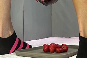 teasing pee on strawberries crushed under my pretty soft feet