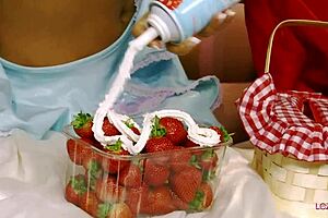 Busty brunette drenched in whipped cream for dildo pounding