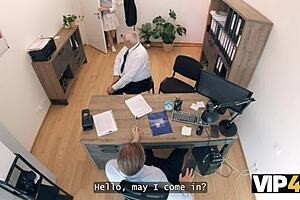 Vip4k. Cute young Mina K seduces loan manager in office with shaved pussy interview