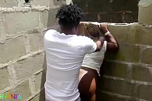 Chubby ebony bent over fucked outdoors in abandoned building
