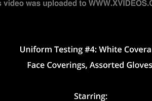 testing out this uniform white coveralls with face coverings and assorted gloves backstage pov