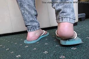 bbw feet tease in flip flops for intriguing closeup views