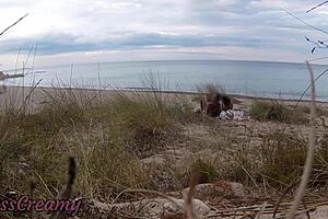 French teacher slut gives stranger blowjob on nude beach with hot cumshot finish