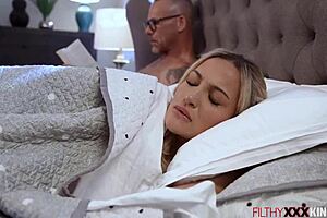 Blonde teen masturbates intensely beside older man craving more