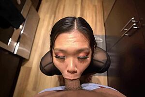 Big booty Asian bends over kitchen counter for deep cock sucking and fucking