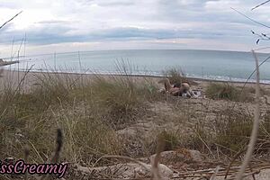 French teacher slut gives stranger blowjob on nude beach with hot cumshot finish