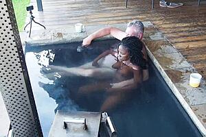 hey check out this ebony secretary riding her boss hard in the jacuzzi