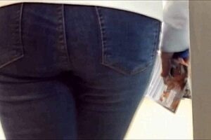hidden cam catches teen's tight jeans ass tease