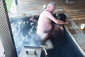 hey check out this ebony secretary riding her boss hard in the jacuzzi