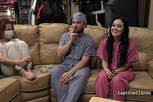 nurse blaire celeste in latex gloves handcuffs patient pov for shaved pussy riding spanking toys humiliation hospital backstage