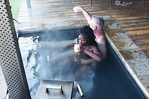 hey check out this ebony secretary riding her boss hard in the jacuzzi