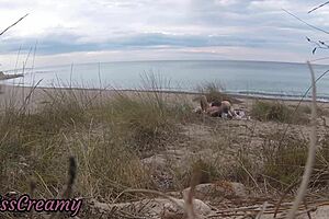 French teacher slut gives stranger blowjob on nude beach with hot cumshot finish