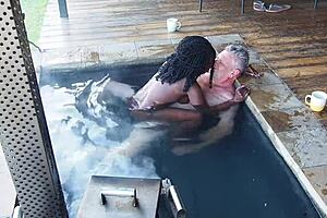 hey check out this ebony secretary riding her boss hard in the jacuzzi