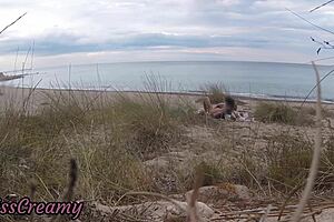 French teacher slut gives stranger blowjob on nude beach with hot cumshot finish