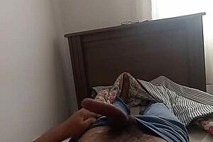 young guy strokes huge cock in morning solo session
