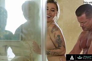 Sexy Tattooed Masseuse's Tight Pussy Ravaged by Cop in Shower